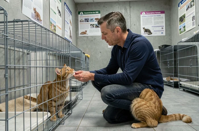 Homme en refuge animalier tendant la main vers un chat roux dans une cage d'adoption