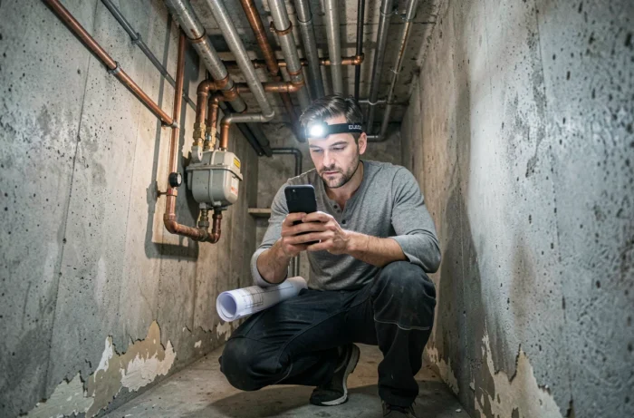 Propriétaire photographiant les canalisations apparentes de son sous-sol avec un smartphone pour les identifier