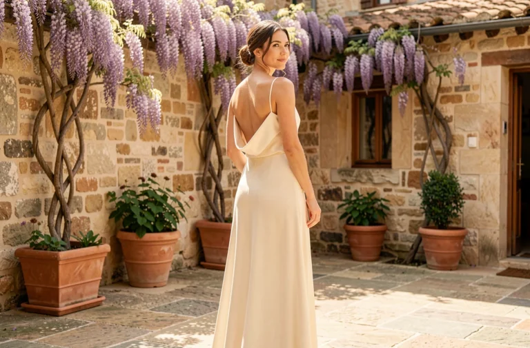 Mariée en robe de mariée minimaliste en soie ivoire dans une cour provençale fleurie de glycines, tendance mariage épurée