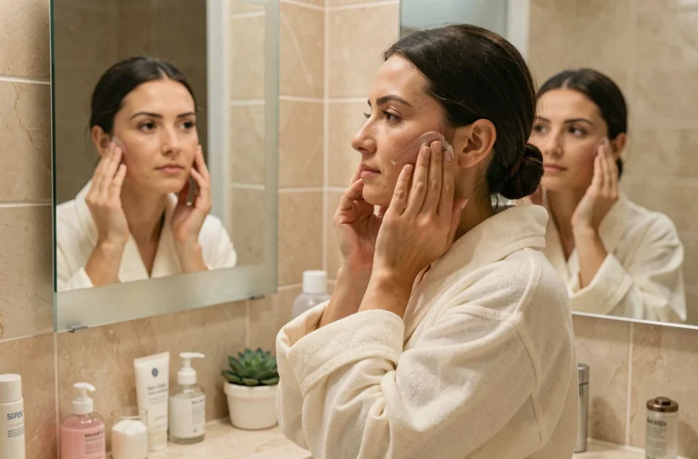 Femme appliquant sa crème de soin visage devant un miroir de salle de bain en marbre, routine beauté quotidienne