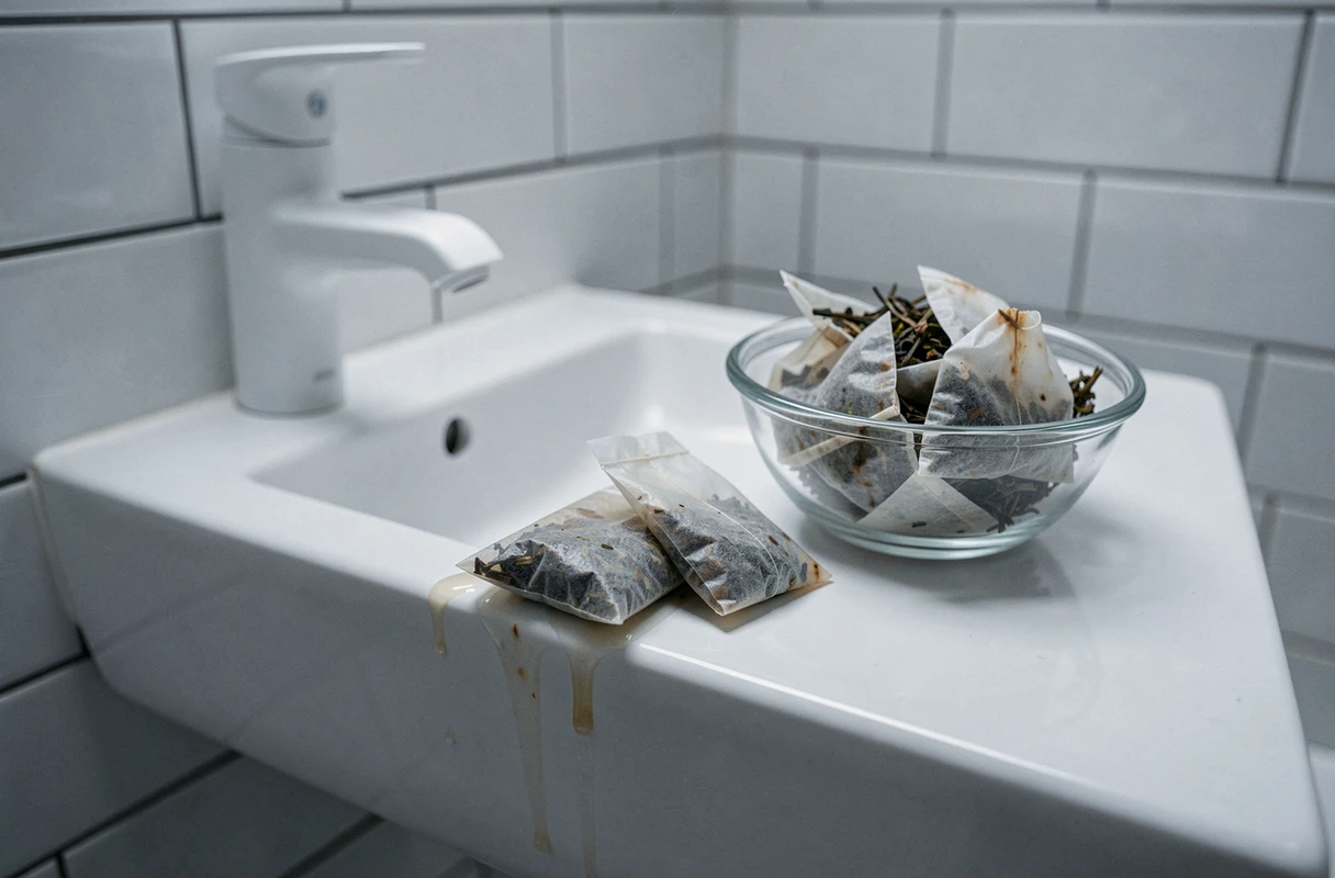 Sachets de thé usagés posés sur l'évier en porcelaine blanche avec un bol en verre pour le recyclage, scène minimaliste et écologique