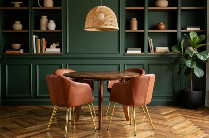 Salle à manger mid-century avec table en noyer, chaises en cuir cognac et mur vert forêt, tendance décoration intérieure 2024
