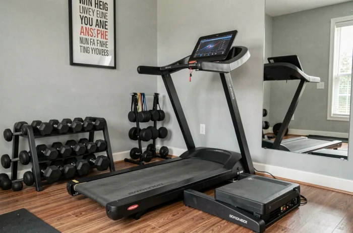 Salle de sport à domicile avec tapis de course Sportstech F10 et équipements de fitness compacts