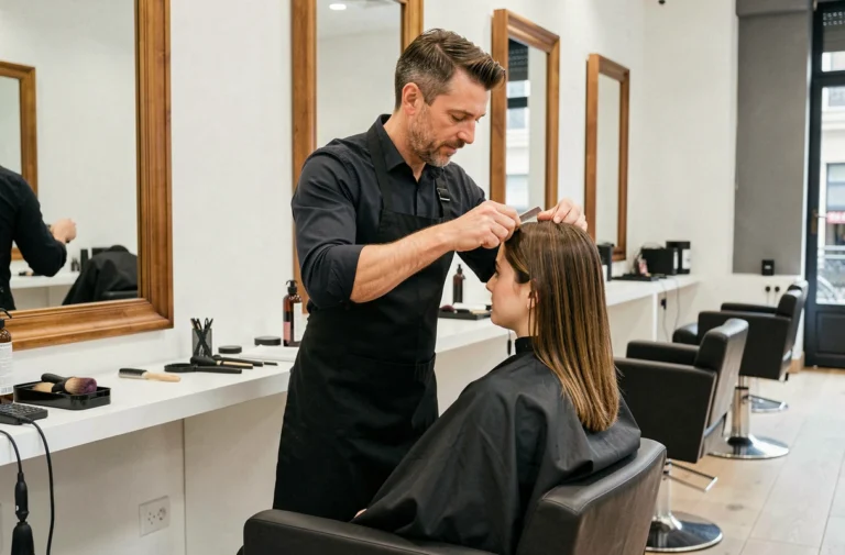 Coiffeur professionnel coupant les cheveux d'une cliente dans un salon de coiffure parisien moderne et élégant