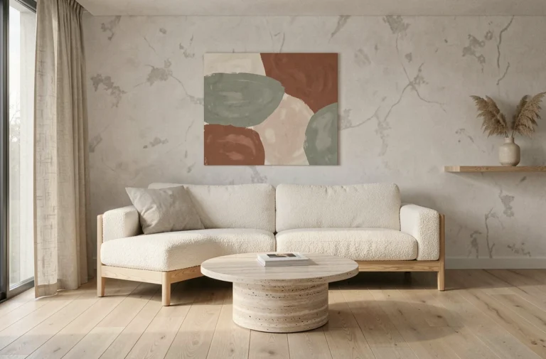 Salon scandinave contemporain avec canapé en bouclé ivoire, table basse en travertin et mur en stuc chaulé tendance 2024