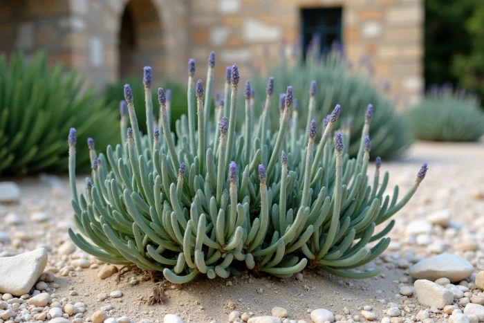 Sauge officinale aux feuilles argentées poussant dans un sol calcaire sec avec ancrage racinaire profond