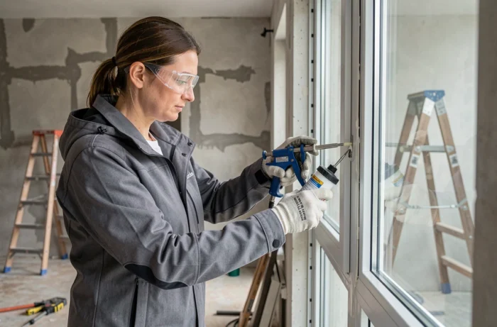 Femme technicienne appliquant du mastic pour sceller les trous d'injection de gaz sur un double vitrage rénové