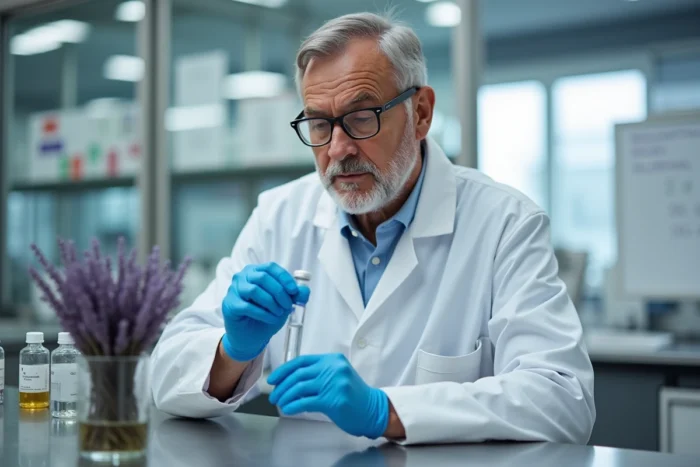 Scientifique en laboratoire analysant un échantillon en lien avec la lavande et les perturbateurs endocriniens