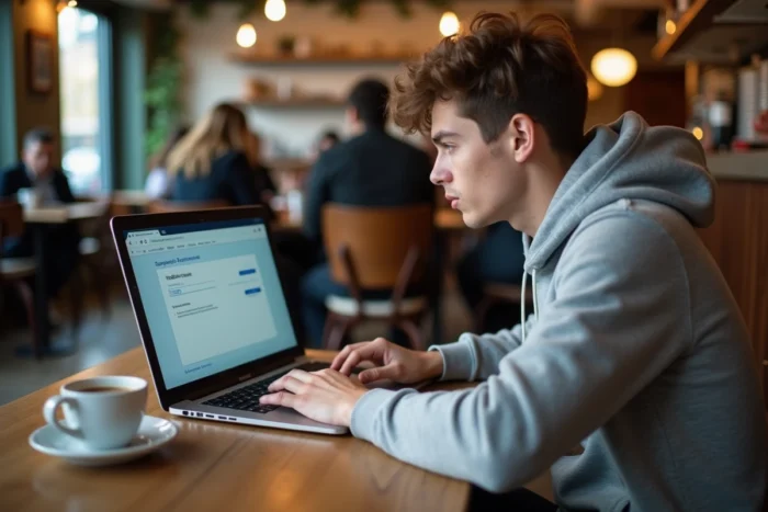 Jeune personne vérifiant les avertissements de sécurité du navigateur sur un ordinateur portable dans un café public