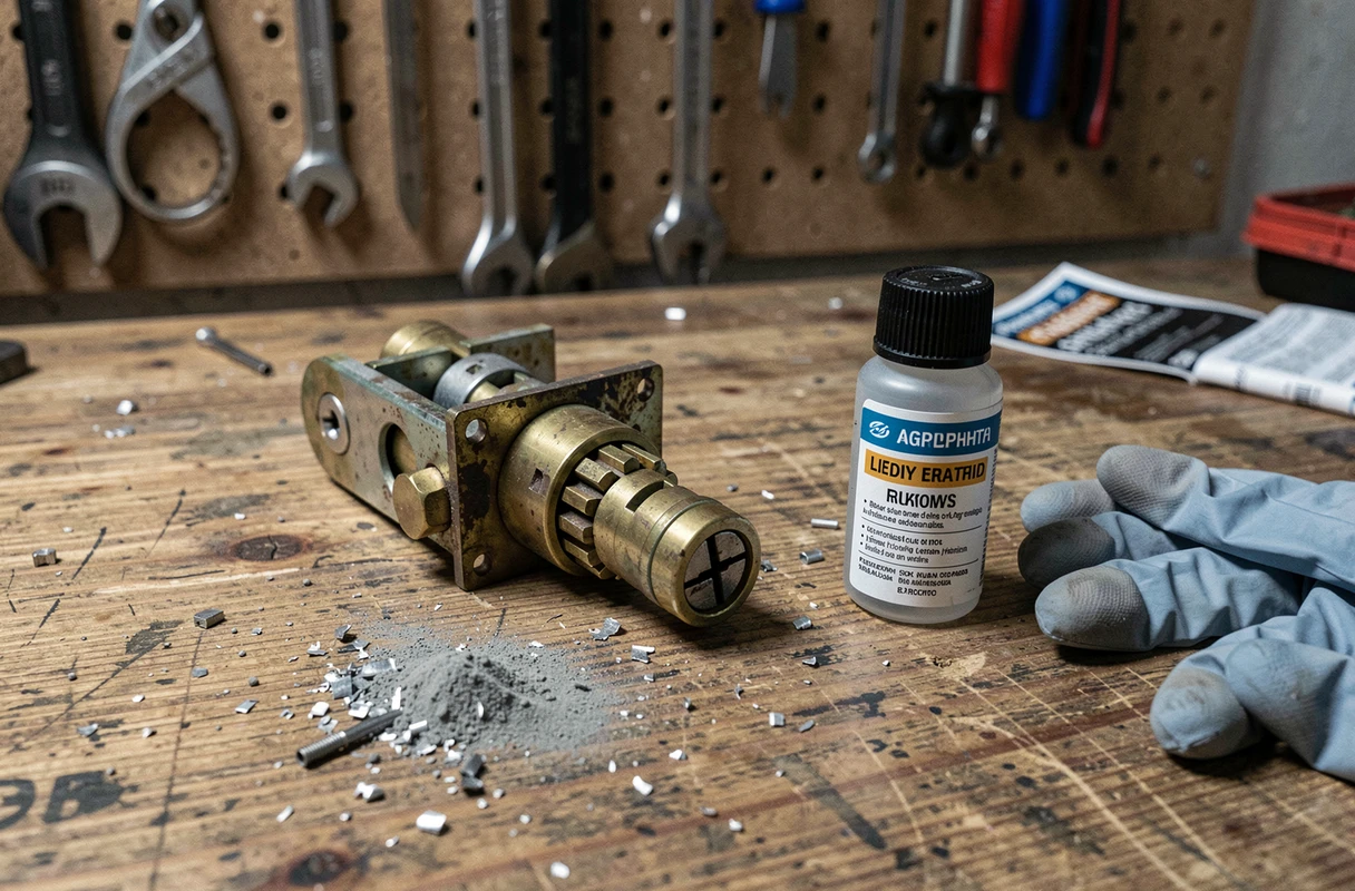 Gros plan d'une serrure démontée sur un établi avec lubrifiant au graphite pour résoudre les problèmes causés par la chaleur