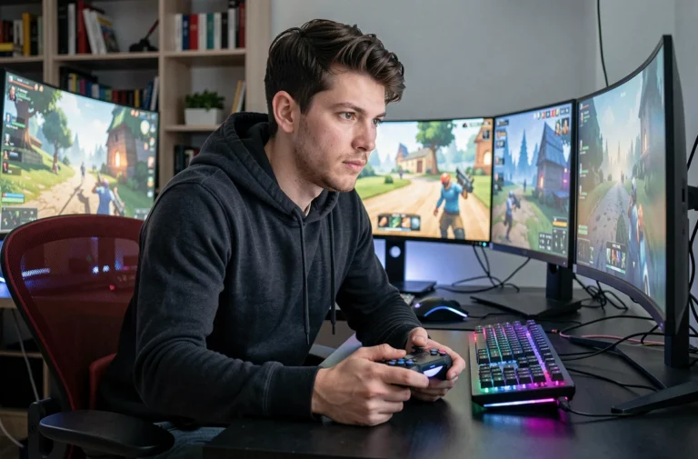 Jeune homme en train de jouer sur un setup gaming high-tech avec plusieurs écrans et périphériques RGB dans une pièce moderne