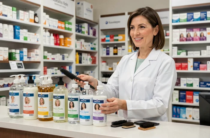 Pharmacienne présentant des shampooings et peignes anti-poux sur le comptoir d'une pharmacie professionnelle