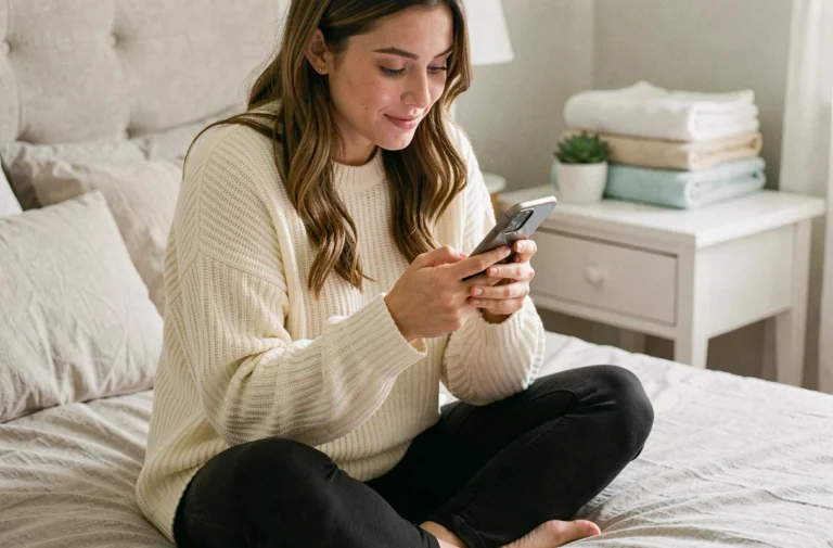 Jeune femme faisant son shopping beauté en ligne sur smartphone dans une chambre cosy