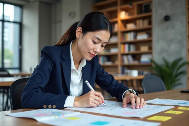 Une professionnelle esquisse la structure d'un site web professionnel sur papier avec des post-it et des schémas de sitemap dans un bureau moderne