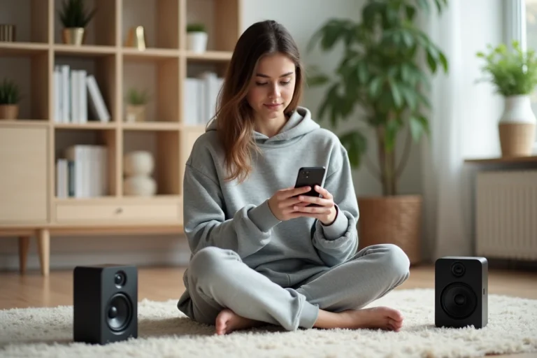 Jeune femme synchronisant deux enceintes Bluetooth via une application sur smartphone dans un salon minimaliste