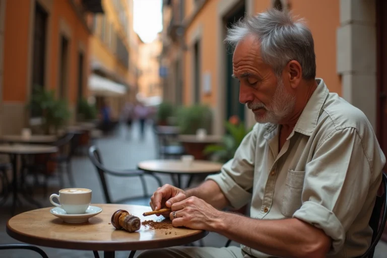 Homme italien roulant une cigarette avec du tabac à rouler dans un café romain