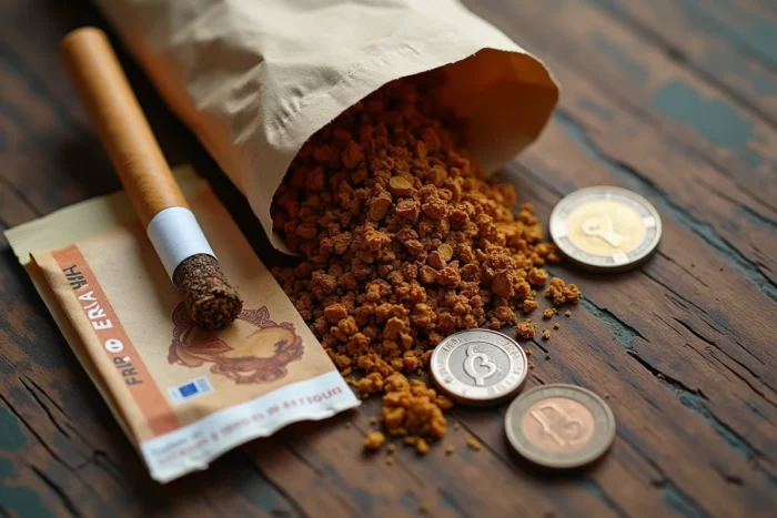 Tabac à rouler en gros plan avec papier à cigarette et pièces en euros sur table en bois