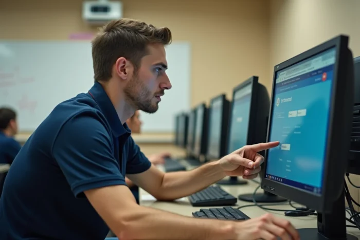 Technicien informatique aidant à résoudre un problème de connexion au portail Arena dans une salle informatique scolaire