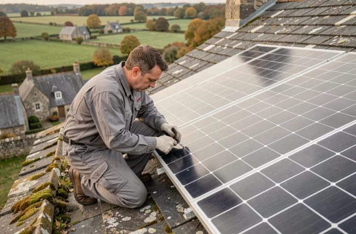 Technicien installant des panneaux solaires sur le toit d'une ferme en pierre bretonne traditionnelle dans un paysage rural