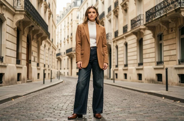 Femme élégante en blazer camel oversize et jean large, tendance mode automne-hiver dans une rue parisienne