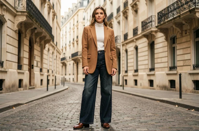 Femme élégante en blazer camel oversize et jean large, tendance mode automne-hiver dans une rue parisienne