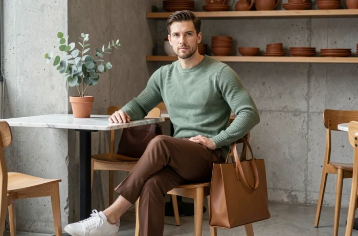 Homme stylé en pull vert sauge et pantalon marron tendance, assis dans un café moderne au décor scandinave