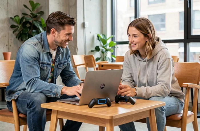 Deux adultes discutant autour d'un ordinateur portable gaming et d'une console portable nouvelle génération dans un espace de travail moderne