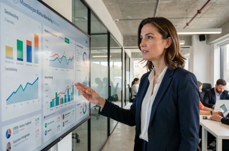 Professionnelle en blazer marine présentant des tendances marketing 2024 sur un écran tactile dans un bureau moderne