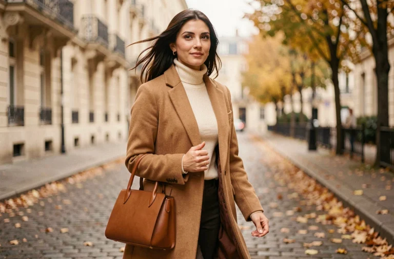 Femme élégante en manteau camel tendance automne-hiver dans une rue pavée parisienne