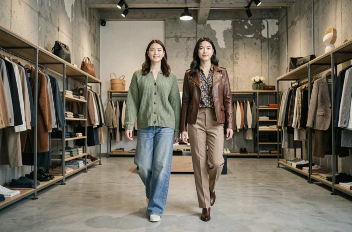 Deux femmes aux looks tendance automne marchant dans un concept store urbain, mode et beauté saison actuelle