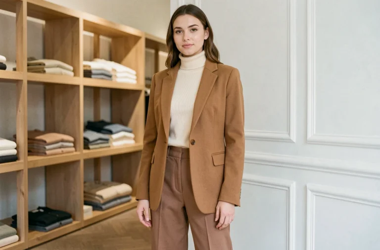 Femme élégante portant un blazer camel et un pantalon large dans une boutique parisienne minimaliste, tendances mode automne-hiver
