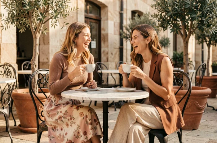 Deux femmes stylées aux tenues tendance printanière attablées en terrasse de café parisien