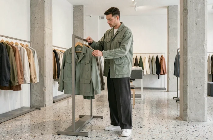 Homme tendance en veste utilitaire sage green dans un concept store minimaliste