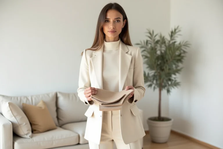 Femme portant une tenue minimaliste en tons neutres crème et ivoire tenant des échantillons de tissus dans un appartement épuré