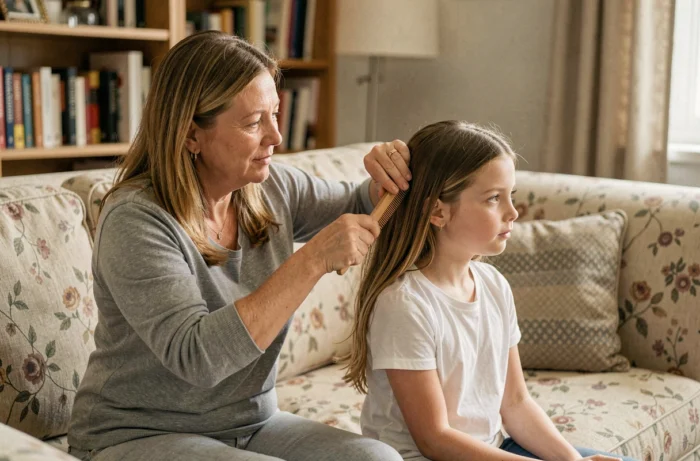 Mère appliquant un traitement naturel anti-poux sur les cheveux de sa fille dans un salon familial confortable