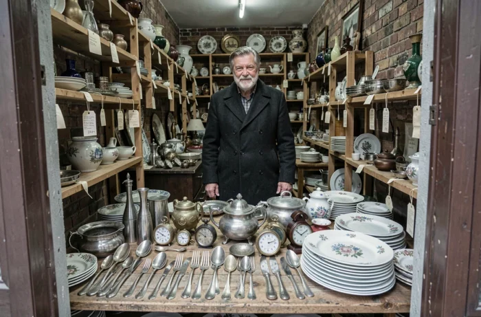 Vendeur d'antiquités dans sa boutique encombrée du marché aux puces de Saint-Ouen Clignancourt