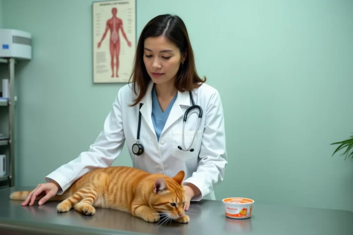 Vétérinaire femme examinant un chat roux lors d'une consultation nutritionnelle sur une table d'examen en cabinet vétérinaire
