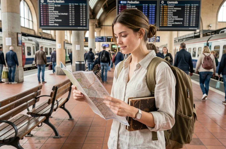 Jeune femme avec un sac à dos consultant une carte dans une gare européenne pour planifier un voyage économique