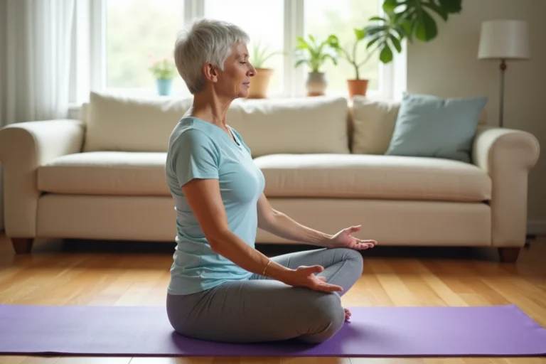 Femme senior pratiquant le yoga à domicile sur un tapis de sport dans un salon chaleureux